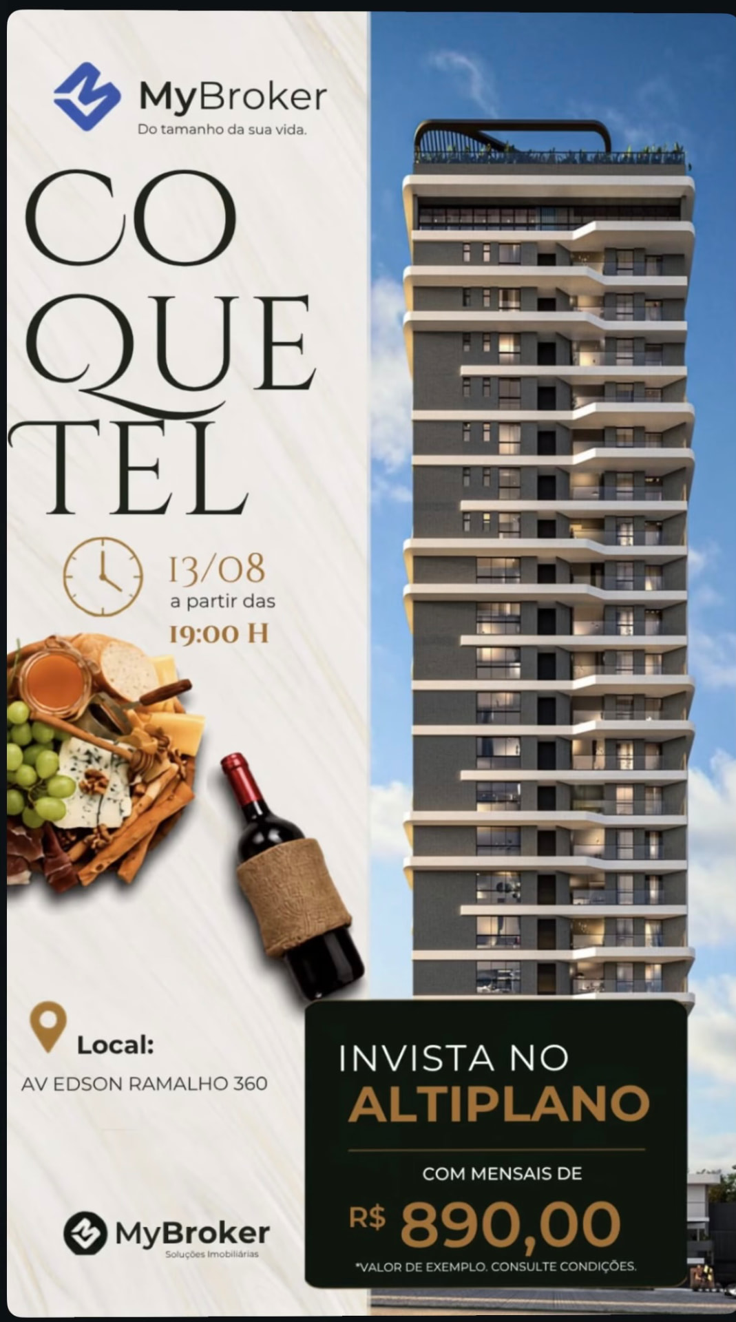 Convite para o coquetel de lançamento no Altiplano — 13/08 a partir das 19h, Av Edson Ramalho 360. Mensais a partir de R$ 890,00