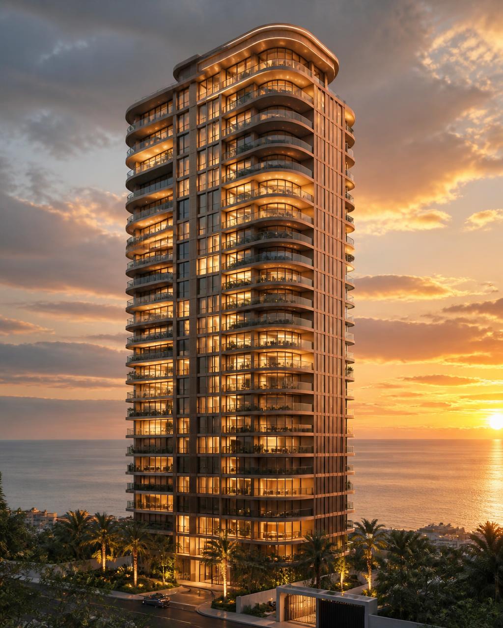 Edifício residencial de alto padrão à beira-mar em João Pessoa ao entardecer